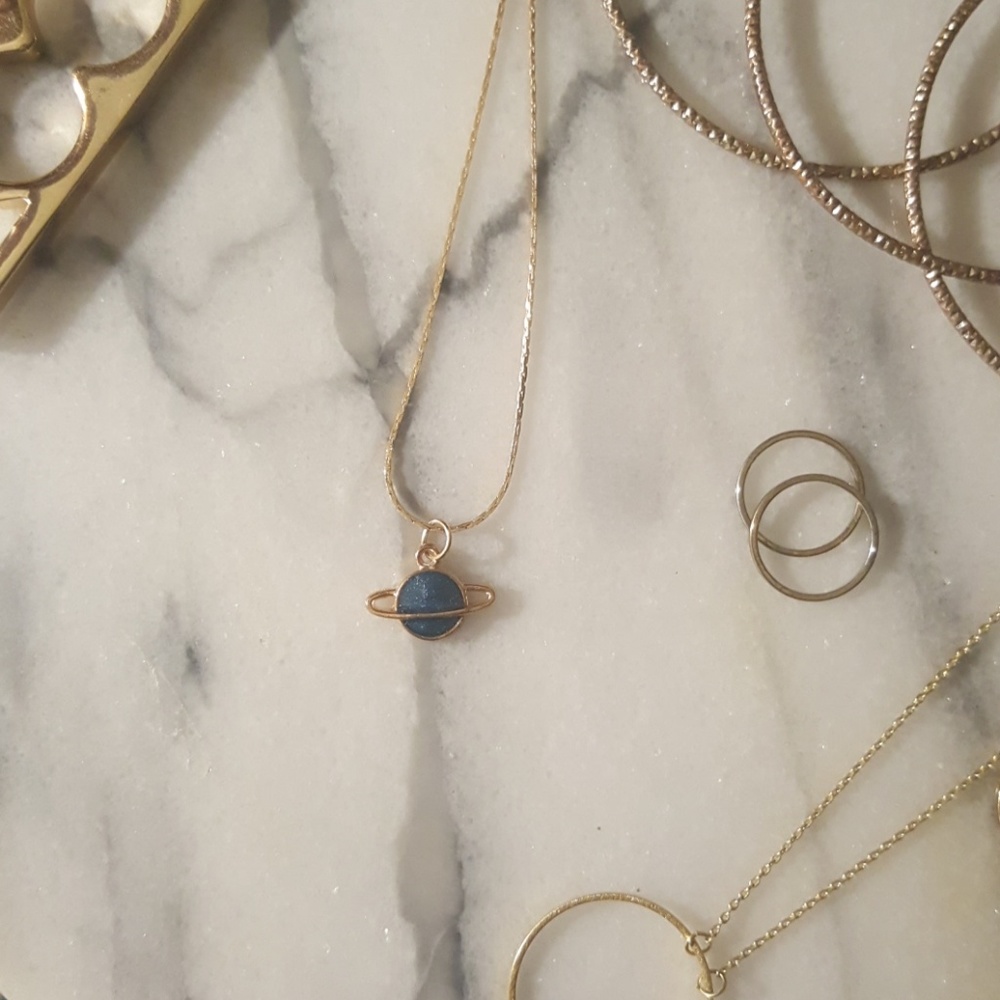 Saturn Space Planet Pendant Gold Necklace - Picture 3 of 4